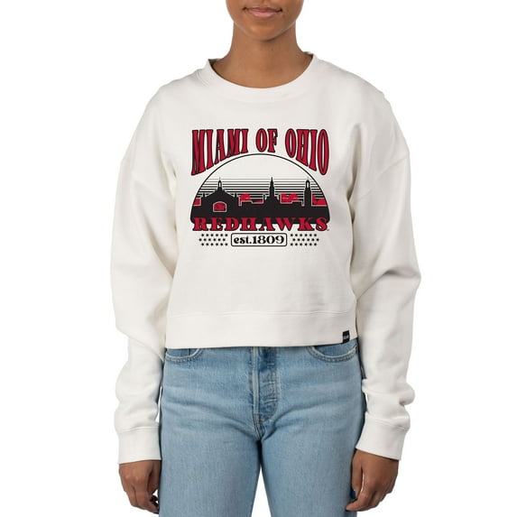 Women's Uscape Apparel Cream Miami University RedHawks Pigment Dyed Local Skyline Fleece Crop Crewneck Sweatshirt
