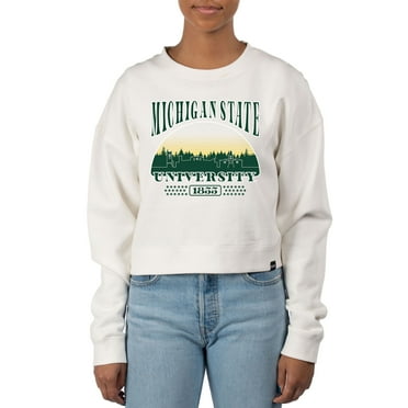 Women's Uscape Apparel Cream Michigan State Spartans Pigment Dyed Local Skyline Fleece Crop Crewneck Sweatshirt