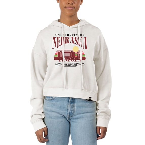 Women's Uscape Apparel Cream Nebraska Huskers Pigment Dyed Local Skyline Fleece Cropped Pullover Hoodie