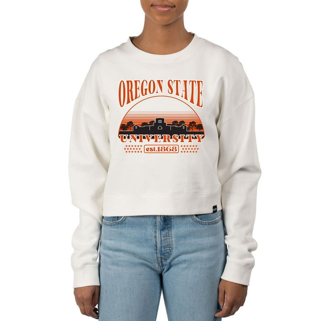 Women's Uscape Apparel Cream Oregon State Beavers Pigment Dyed Local Skyline Fleece Crop Crewneck Sweatshirt