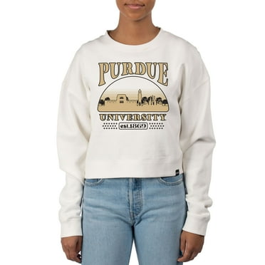 Women's Uscape Apparel Cream Purdue Boilermakers Pigment Dyed Local Skyline Fleece Crop Crewneck Sweatshirt