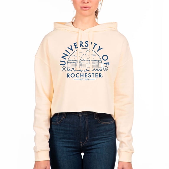 Women's Uscape Apparel Cream Rochester Yellow Jackets Circle Scene Raw Edge Cropped Pullover Hoodie