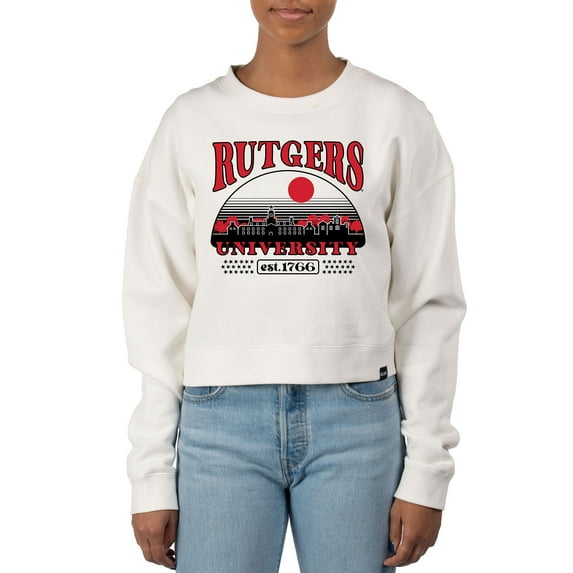 Women's Uscape Apparel Cream Rutgers Scarlet Knights Pigment Dyed Local Skyline Fleece Crop Crewneck Sweatshirt