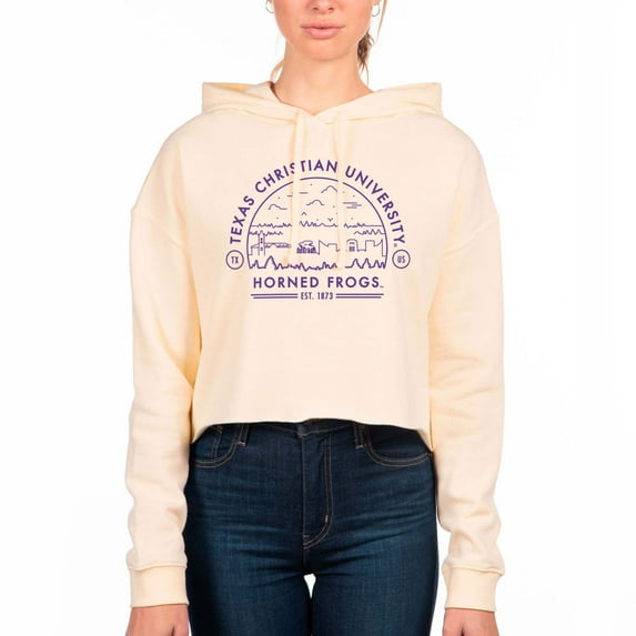 Women's Uscape Apparel Cream TCU Horned Frogs Fleece Cropped Pullover Hoodie