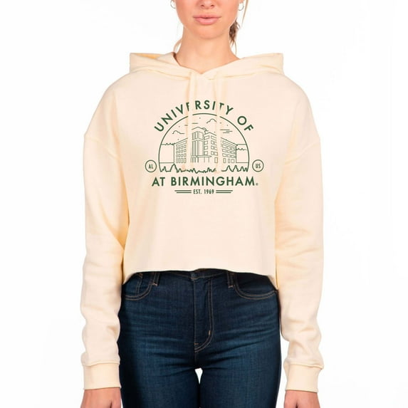 Women's Uscape Apparel Cream UAB Blazers Circle Scene Raw Edge Cropped Pullover Hoodie