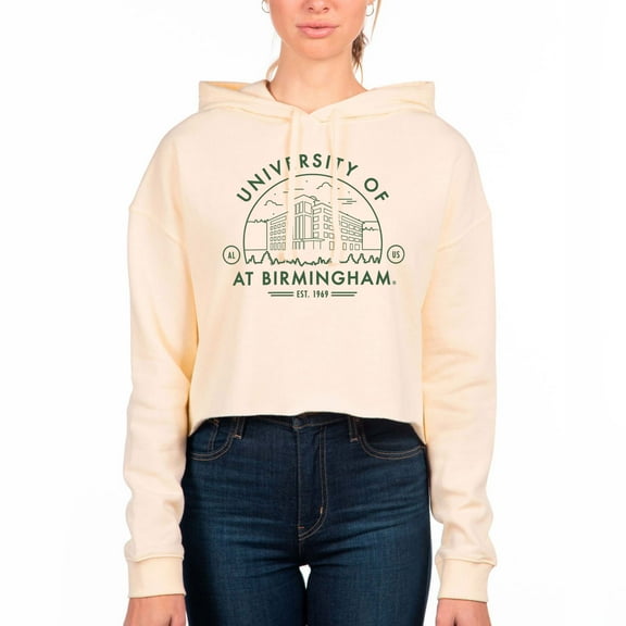 Women's Uscape Apparel Cream UAB Blazers Circle Scene Raw Edge Cropped Pullover Hoodie