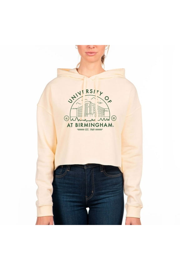 Women's Uscape Apparel Cream UAB Blazers Circle Scene Raw Edge Cropped Pullover Hoodie
