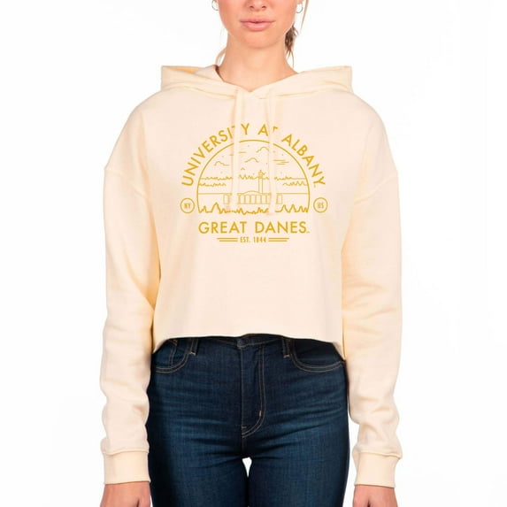 Women's Uscape Apparel Cream UAlbany Great Danes Circle Scene Raw Edge Cropped Pullover Hoodie