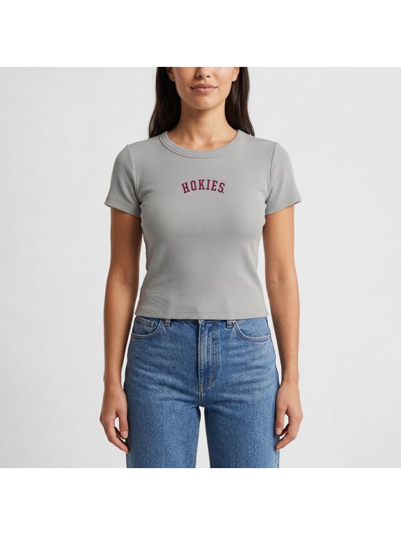 Women's Uscape Apparel Gray Virginia Tech Hokies Upside Down Embroidery Ribbed Cropped T-Shirt