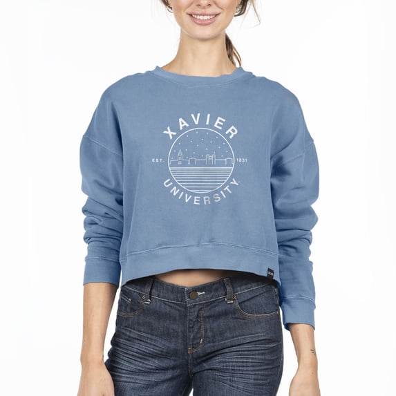 Women's Uscape Apparel Powder Blue Xavier Musketeers Fleece Crop Pullover Sweatshirt