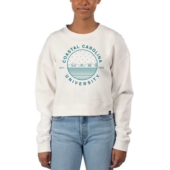 Women's Uscape Apparel White Coastal Carolina Chanticleers Fleece Crop Pullover Sweatshirt