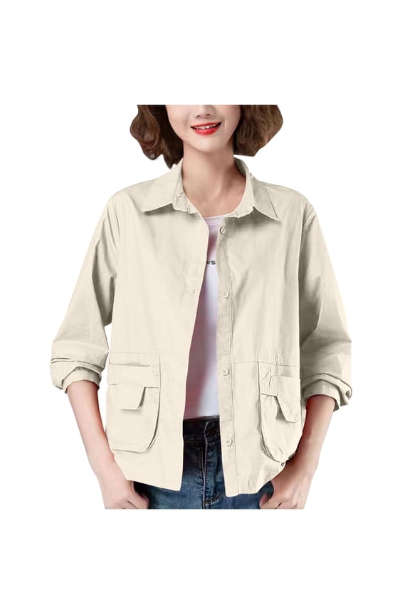 Women's Utility Cropped Shacket Cargo Pocket Design Collared Barn Jacket Lightweight Button-Down Street Style Fall Hybrid Outerwear