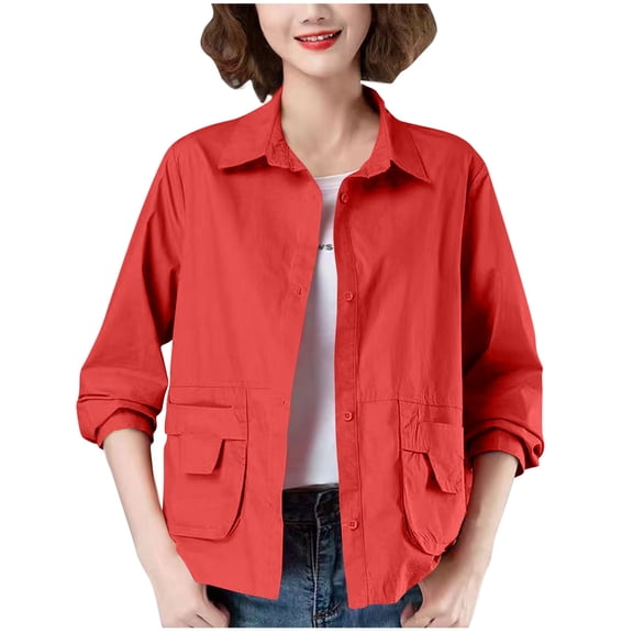 Women's Utility Cropped Shacket Cargo Pocket Design Collared Barn Jacket Lightweight Button-Down Street Style Fall Hybrid Outerwear