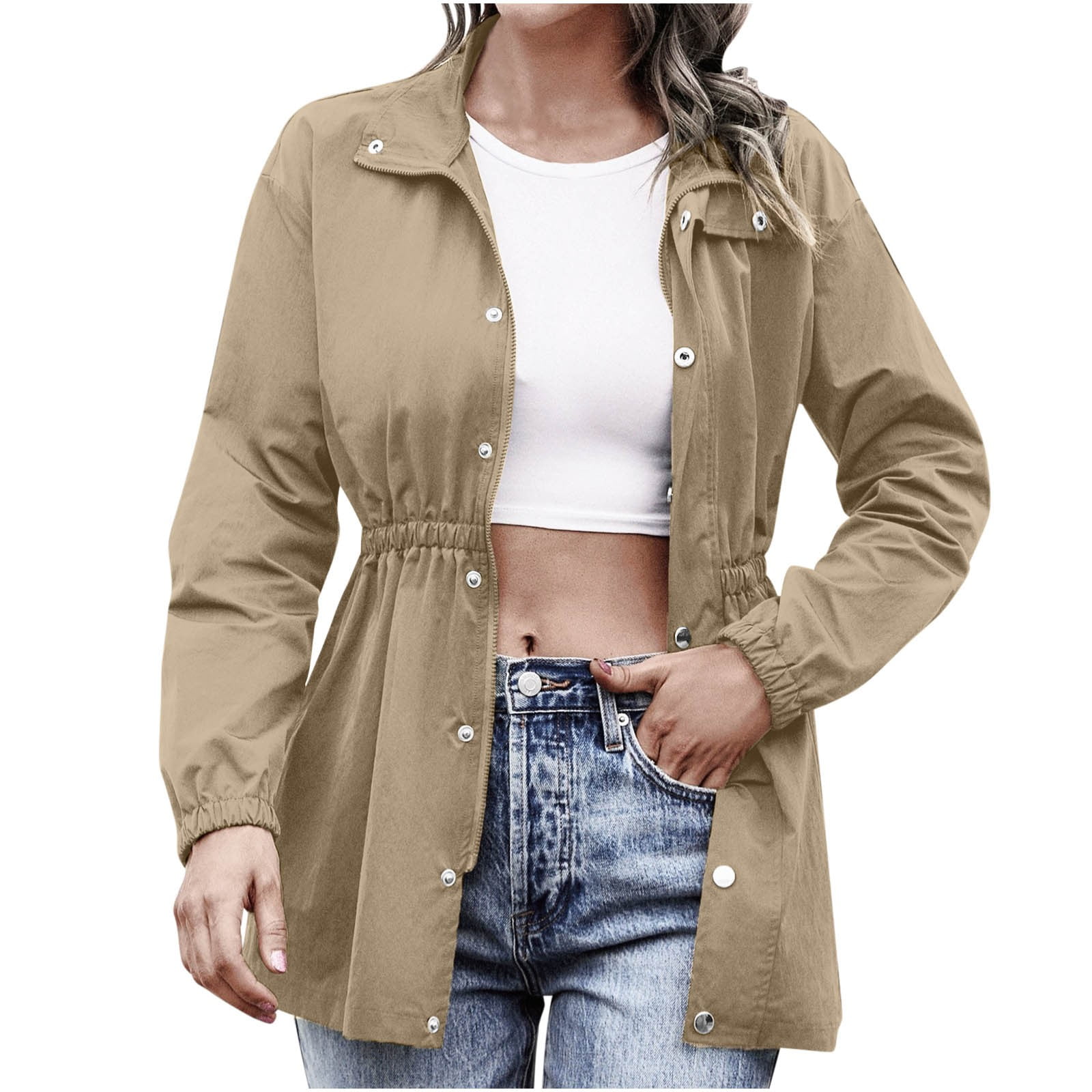 Women's Utility Jacket Drawstring Waist Coat Solid Zipper Lapel Long ...