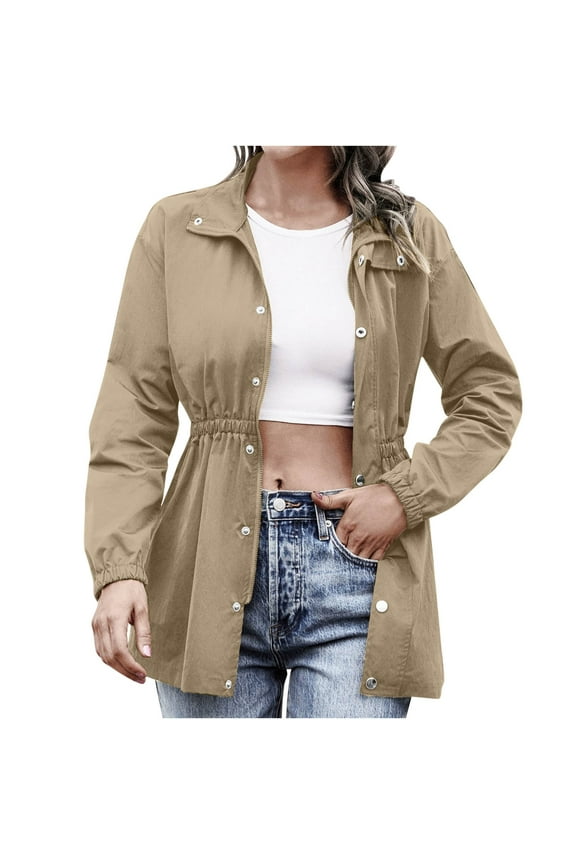 Women's Utility Jacket Drawstring Waist Coat Solid Zipper Lapel Long Sleeve Lightweight Jackets Commuting Casual Tunic Windbreaker 2025 Fall Outerwear