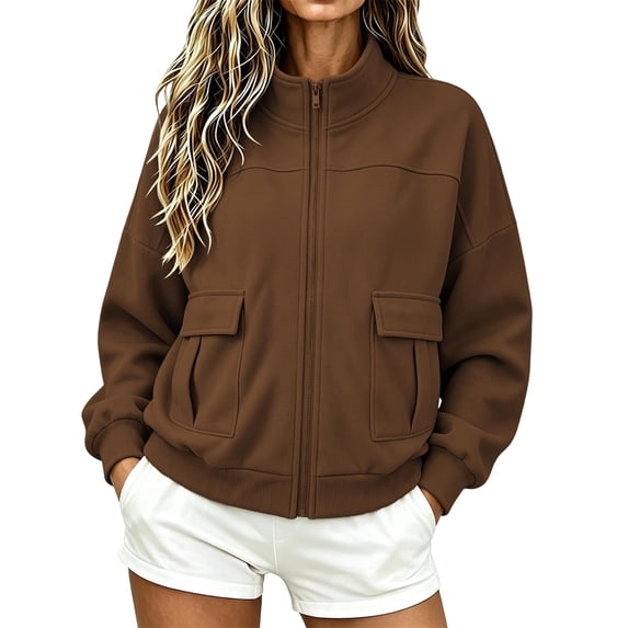 Women's Utility Jackets Stand Collar Full Zip Safari-Style Cropped Loose Fit Outerwear Coat with Flap Pockets (2XL, Brown)