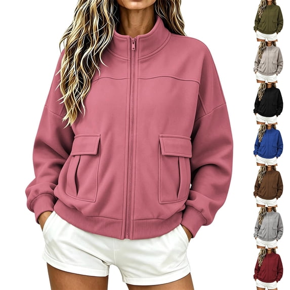 Women's Utility Jackets Stand Collar Full Zip Safari-Style Cropped Loose Fit Outerwear Coat with Flap Pockets (XL, Pink)