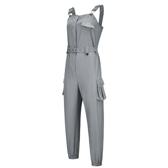 Women's Utility Jumpsuit Sleeveless Cargo Romper Belted Cargo Pockets Elastic Cuffs Long Pants Casual Workwear Overalls Summer Outfit (S-XXL)