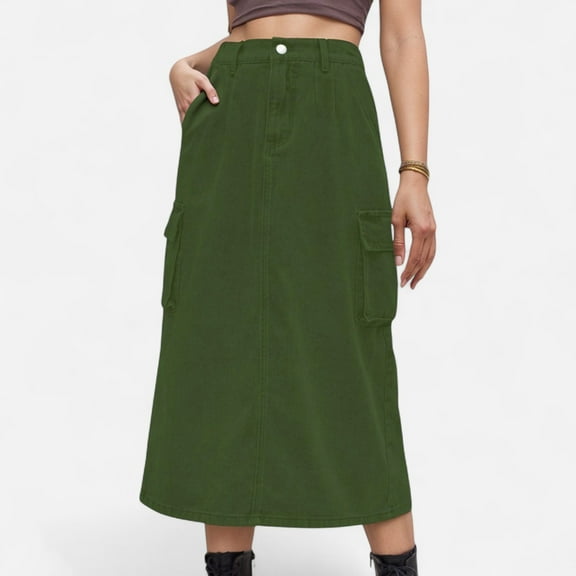 Women's Utility Midi Skirt with Side Cargo Pockets Button Waistband and Belt Loops - Large, Olive Green