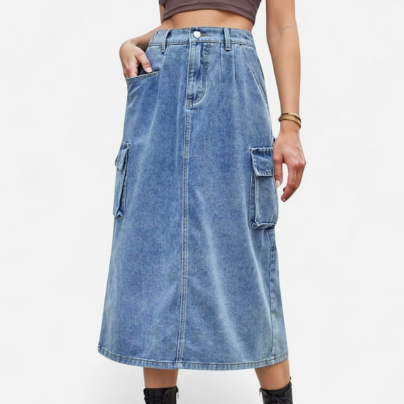 Women's Utility Midi Skirt with Side Cargo Pockets Button Waistband and Belt Loops - Medium, Blue