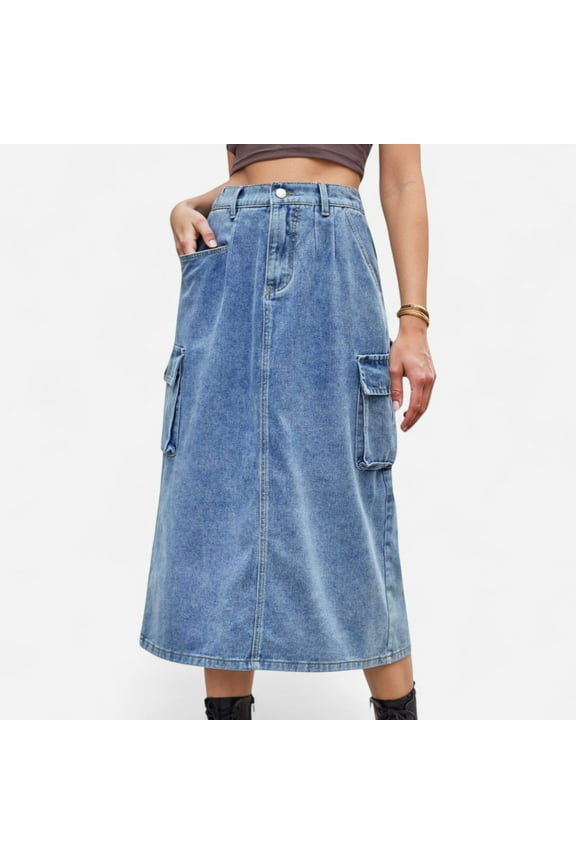 Women's Utility Midi Skirt with Side Cargo Pockets Button Waistband and Belt Loops - Medium, Blue