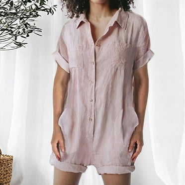 Women's Utility Short Romper Summer Casual Button Down Oversize Overalls with Pocket Polos Collar Loose Workout Outfits, Pink, XL