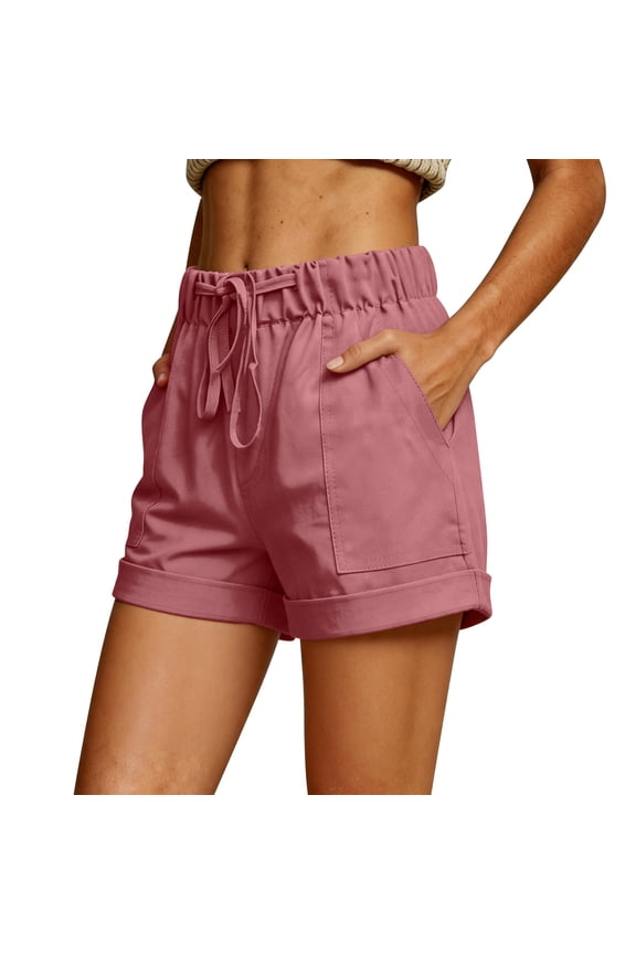 Women's Utility Shorts with Pockets, Casual Solid Color Elastic Waist Twill Shorts, Summer Lightweight Everyday Cuffed Hem Chino Basic Shorts