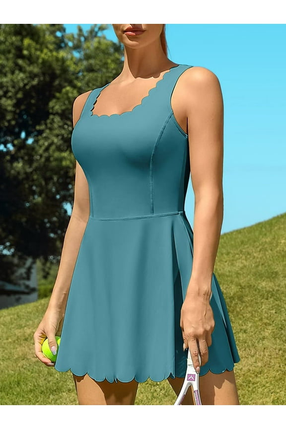 Women's V Back Tennis Golf Dress with Shorts and Built-in Bra Athletic Dress with Pockets