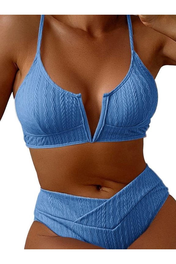 Women's V Cut High Waisted Bikini Ribbed V-Wired Cami Two Pieces Swimsuit