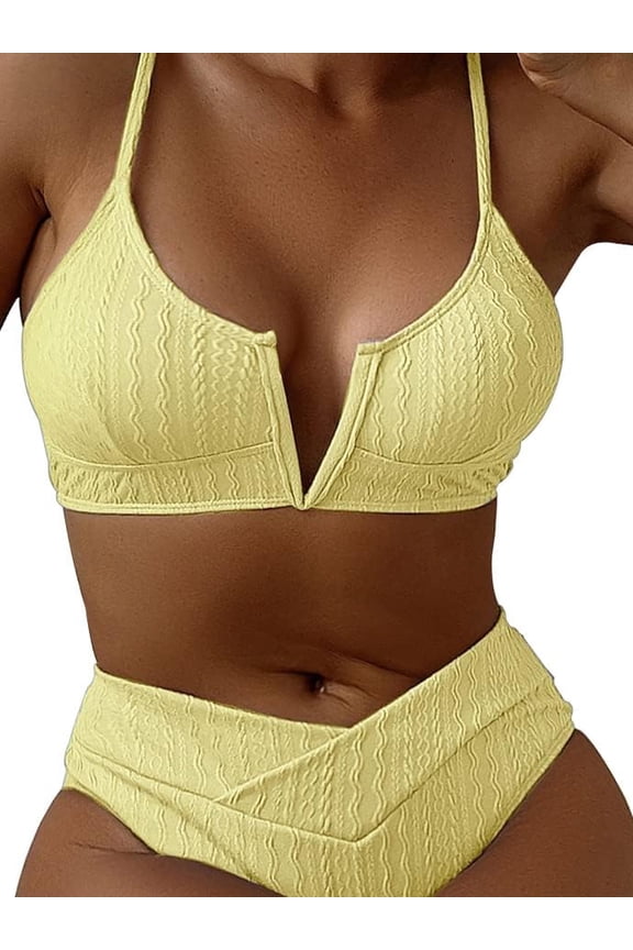 Women's V Cut High Waisted Bikini Ribbed V-Wired Cami Two Pieces Swimsuit