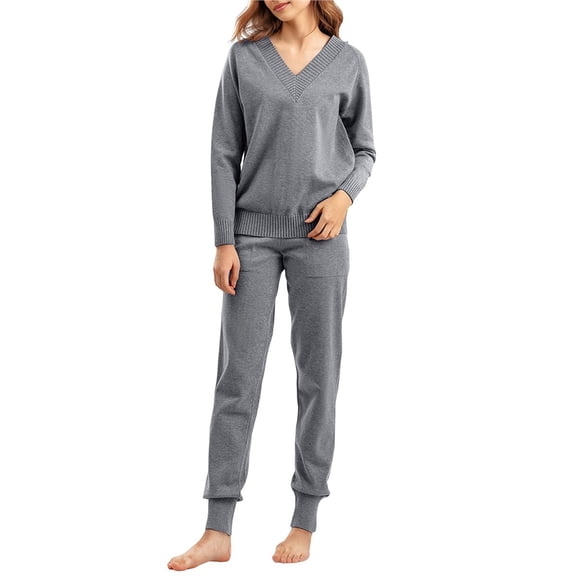 Women's V Neck 2 Piece Sweater Set Pullover Casual High-Waisted Knit Set Sweatsuits Gray One size