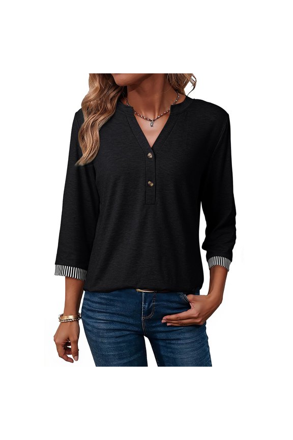 Women's V Neck 3/4 Length Sleeve Womens Tops, Solid Color Top with Contrast Cuff and Button Placket, Smart Casual Blouse for Weekend Outings or Daily Commute, Black - XL