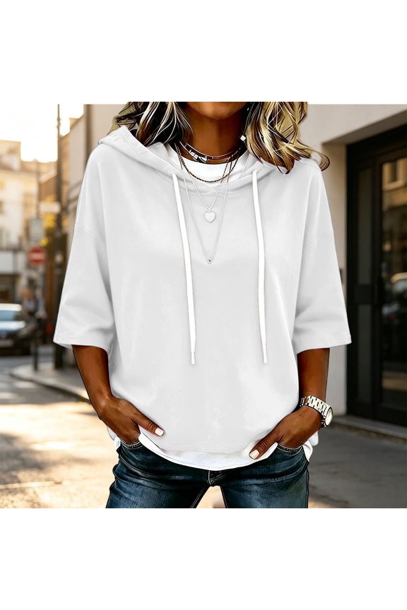Women's V Neck 3/4 Long Sleeve Lightweight Solid Hoodies,Casual Pullover Sweatshirts with Drawstring,Loose Fit Fall Tops for Daily Wear,Layering Shirts for Cool Weather White S