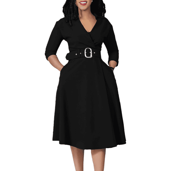 Women's V-Neck 3/4 Sleeve A-Line Midi Dress with Belt & Pockets Elegant ...