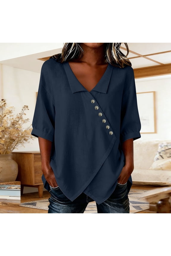 Women's V-Neck 3/4 Sleeve Blouse, Asymmetric Wrap Linen Top with Decorative Buttons, Loose Fit Casual Tunic