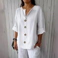 thumbnail image 1 of Women's V-Neck 3/4 Sleeve Blouse in Linen-Look Fabric, Casual Button-Up Top with Relaxed Fit for Spring/Summer, Limited Time Offer Under 10 Dollars, 1 of 6