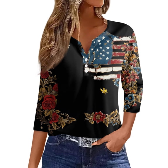 Women’s V Neck 3/4 Sleeve Casual Top with Butterfly Print Gradient Pattern Lightweight Pullover Blouse Shirt Black XL