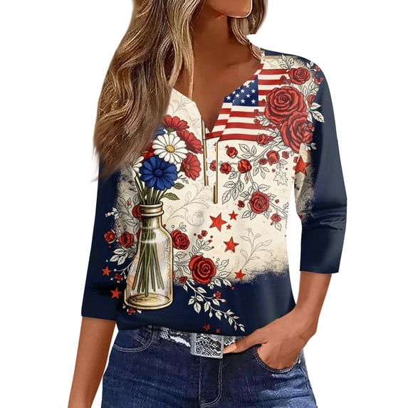 Women’s V Neck 3/4 Sleeve Casual Top with Butterfly Print Gradient Pattern Lightweight Pullover Blouse Shirt Blue 3XL