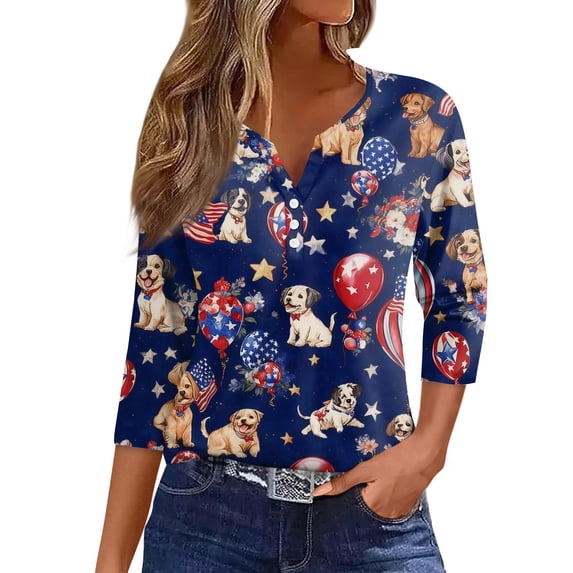 Women’s V Neck 3/4 Sleeve Casual Top with Butterfly Print Gradient Pattern Lightweight Pullover Blouse Shirt Dark Blue XL