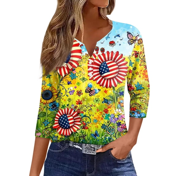 Women’s V Neck 3/4 Sleeve Casual Top with Butterfly Print Gradient Pattern Lightweight Pullover Blouse Shirt Yellow S