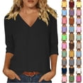 thumbnail image 1 of Women's V-Neck 3/4 Sleeve Cotton Linen Tops Solid Color Breathable Relaxed Fit Tunic Tops All-Day Comfort, 1 of 8
