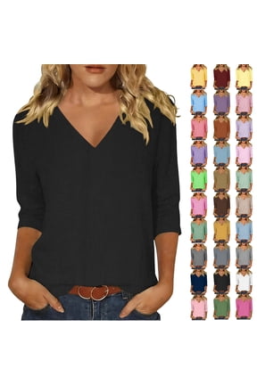 Women's V-Neck 3/4 Sleeve Cotton Linen Tops Solid Color Breathable Relaxed Fit Tunic Tops All-Day Comfort