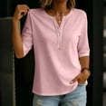 thumbnail image 1 of Women's V Neck 3/4 Sleeve Henley Top, Button Detail Casual Loose Tunic Blouse, Solid Color Elbow Sleeve Shirt for Daily Office Casual Wear 07-Pink L, 1 of 5