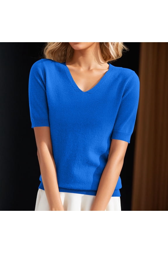 Women's V-Neck 3/4 Sleeve Knit Top, Loose Fit Thin Sweater for a Slimming Look, Casual Basic Blouse for Layering in Cool Weather, Comfortable Everyday Top Blue XXL