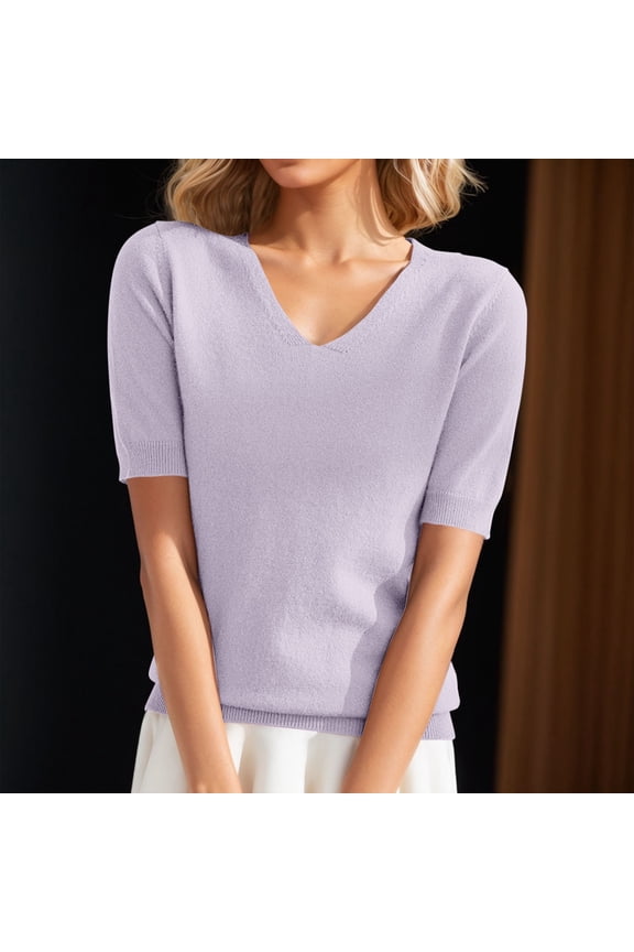 Women's V-Neck 3/4 Sleeve Knit Top, Loose Fit Thin Sweater for a Slimming Look, Casual Basic Blouse for Layering in Cool Weather, Comfortable Everyday Top Purple S