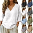 thumbnail image 1 of Women's V Neck 3/4 Sleeve Linen Blouse Loose Fit Solid Color Summer Top, 1 of 7