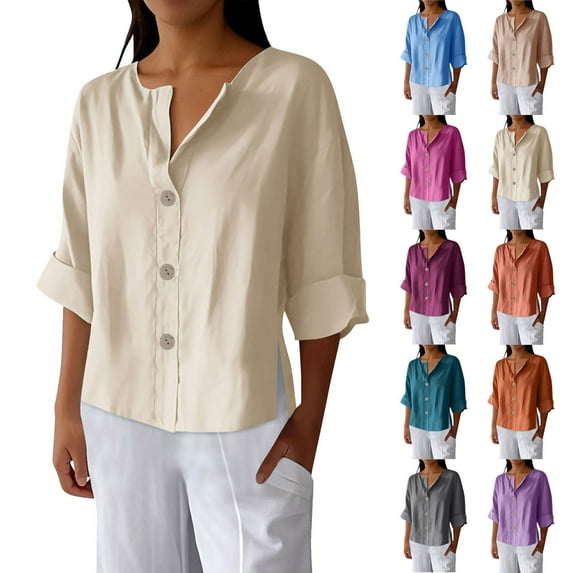 Women's V Neck 3/4 Sleeve Loose Fit Top Shirt Blouse Solid Color Linen Blend with Decorative Buttons Casual Daily Wear Work Office Vacation Fashion Essential | Sopatenor,Brown XL
