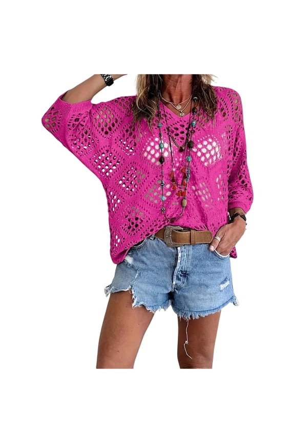Women's V-Neck 3/4 Sleeve Openwork Knit Top, Loose Batwing Sleeve Crochet Sweater, Lightweight Diamond Pattern Hollow-Out Cardigan for Casual Summer Layering Hot Pink S