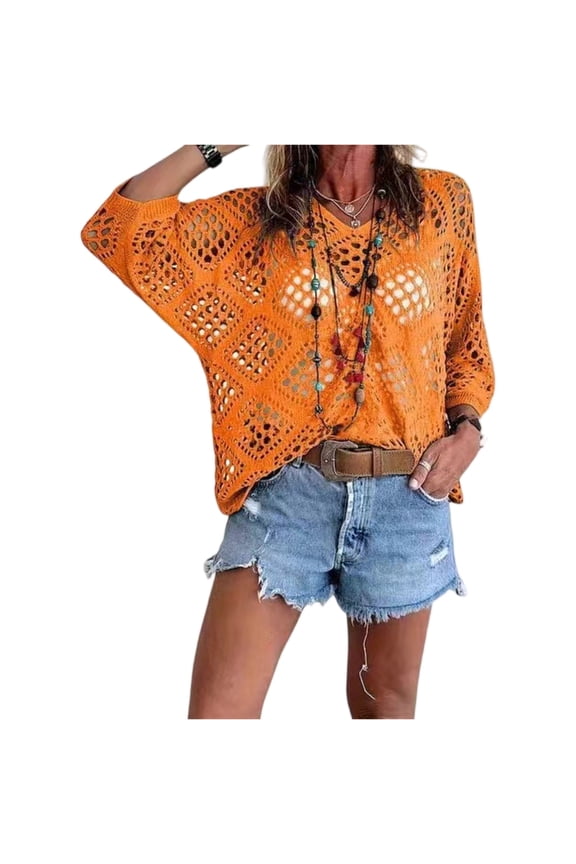 Women's V-Neck 3/4 Sleeve Openwork Knit Top, Loose Batwing Sleeve Crochet Sweater, Lightweight Diamond Pattern Hollow-Out Cardigan for Casual Summer Layering Orange S