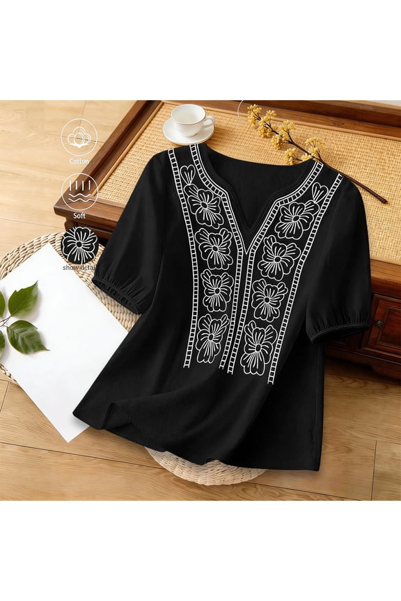 Women's V-Neck 3/4 Sleeve Top, Cotton Linen Embroidered Casual T-Shirt for Spring and Summer Daily Wear, Bohemian Style Blouse with Decorative Stitching Black L